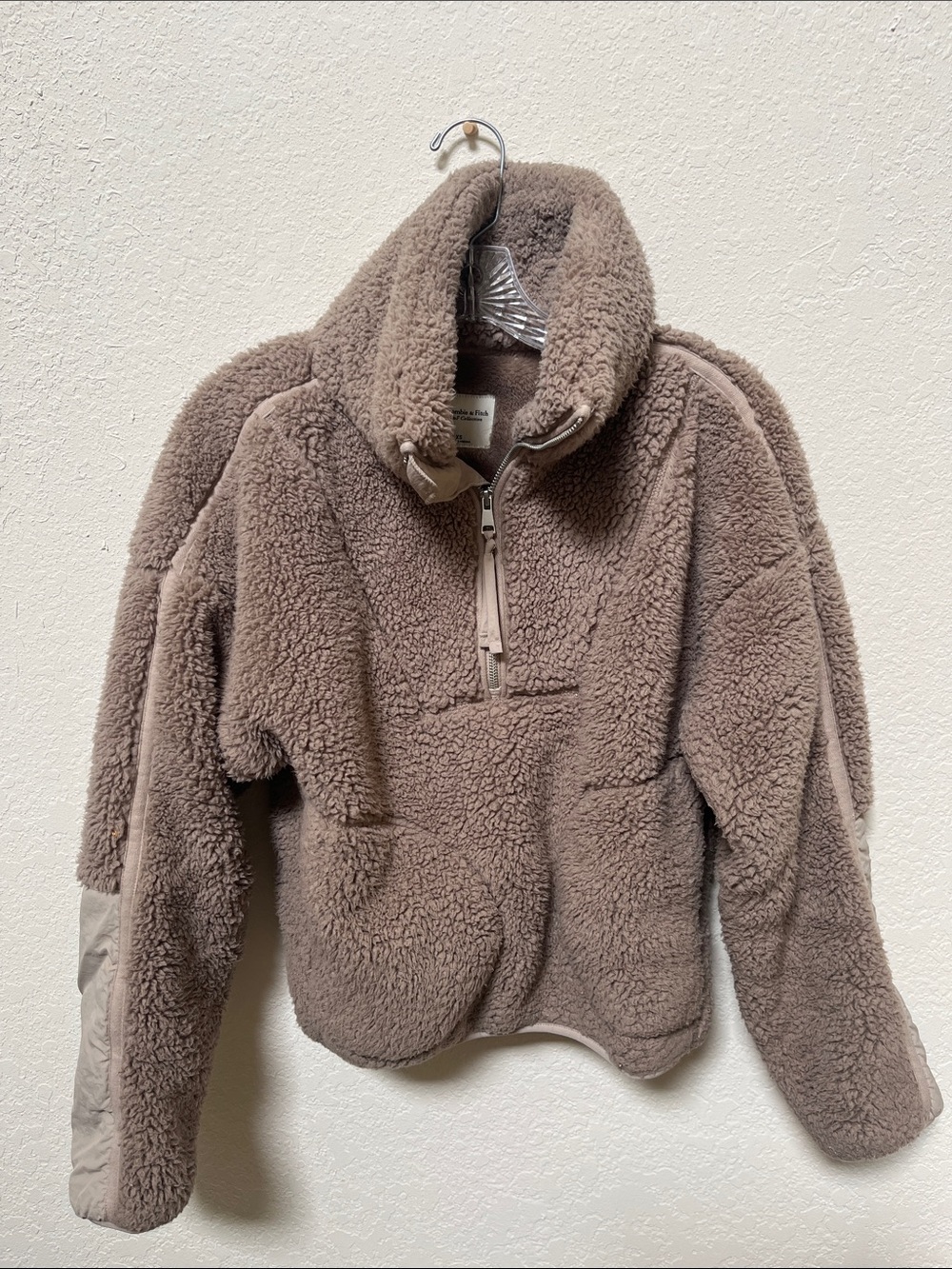 Abercrombie Taupe Sherpa Quarter-Zip Pullover